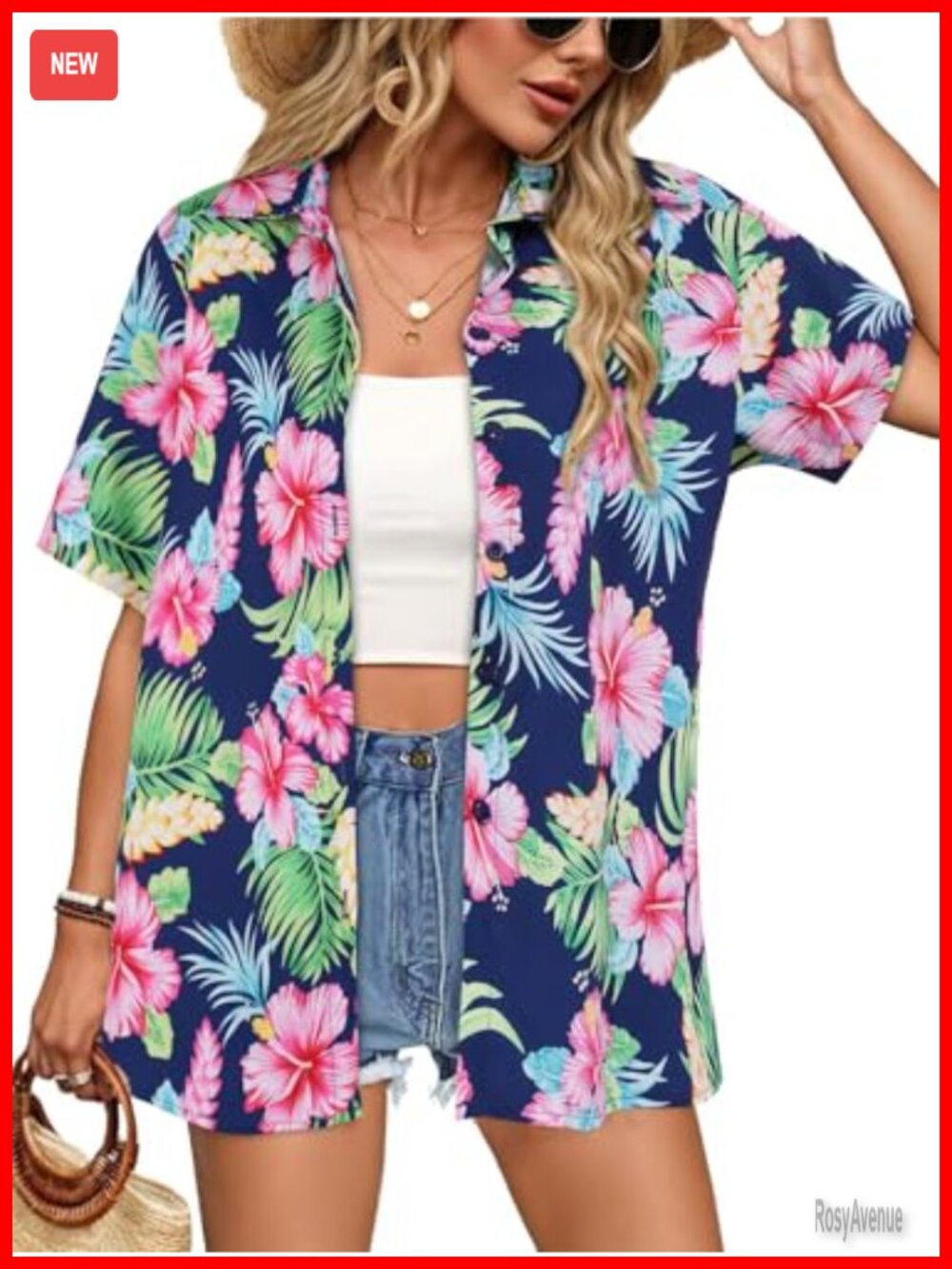 Womens Hawaiian Button Down Shirt Short Sleeve V-Neck Beach Blouse